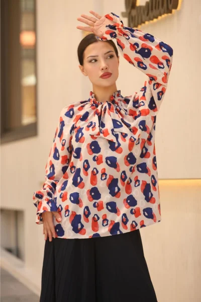 Bağlama Detaylı Büzgülü Bluz 6028-Bej/Lacivert