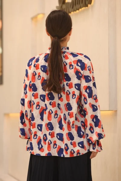 Bağlama Detaylı Büzgülü Bluz 6028-Bej/Lacivert