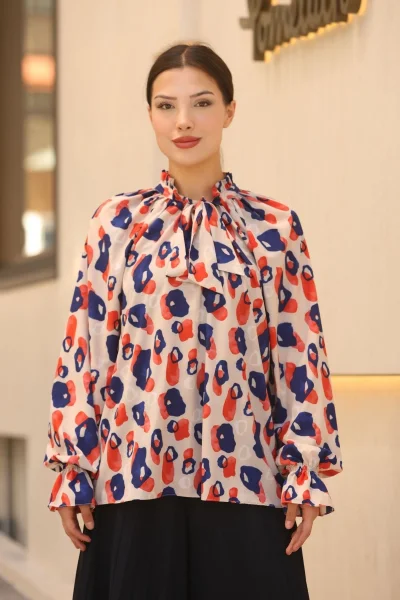 Bağlama Detaylı Büzgülü Bluz 6028-Bej/Lacivert