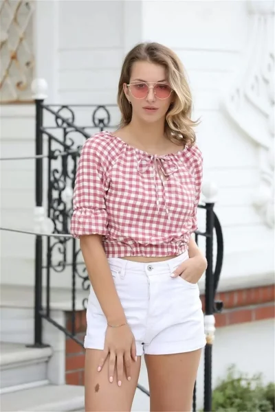 Bağlama Detaylı Crop Bluz 1736 Gül Kurusu