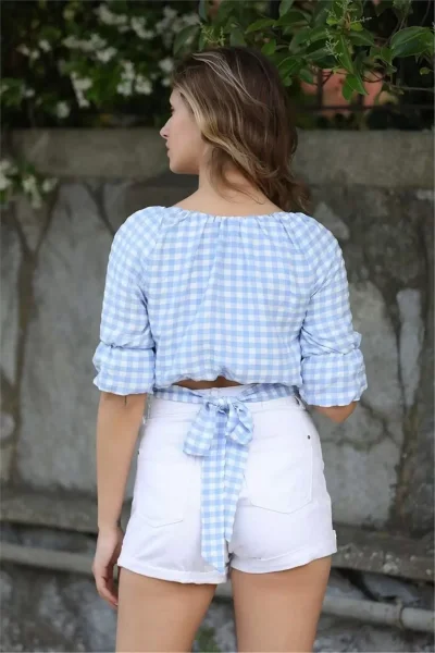 Bağlama Detaylı Crop Bluz 1736 Mavi