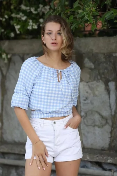 Bağlama Detaylı Crop Bluz 1736 Mavi