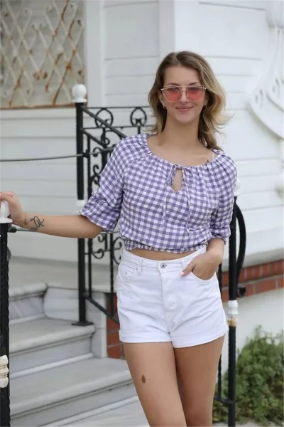 Bağlama Detaylı Crop Bluz 1736 Mor