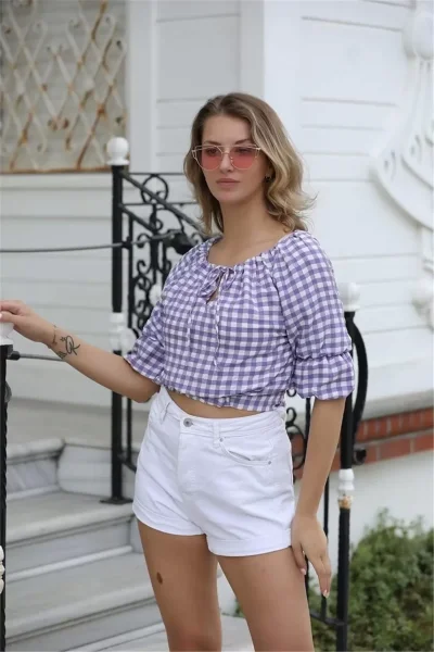 Bağlama Detaylı Crop Bluz 1736 Mor