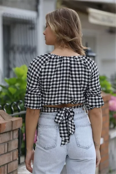 Bağlama Detaylı Crop Bluz 1736 Siyah