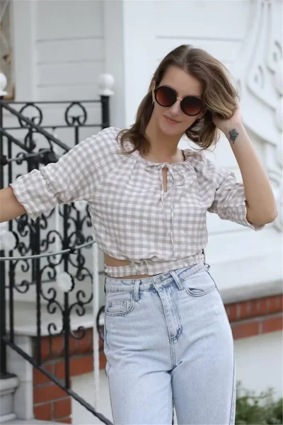 Bağlama Detaylı Crop Bluz 1736 Vizon