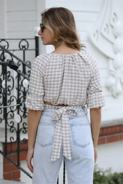 Bağlama Detaylı Crop Bluz 1736 Vizon