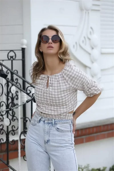 Bağlama Detaylı Crop Bluz 1736 Vizon