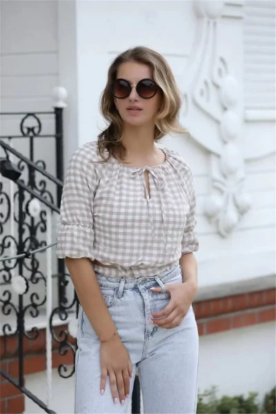 Bağlama Detaylı Crop Bluz 1736 Vizon