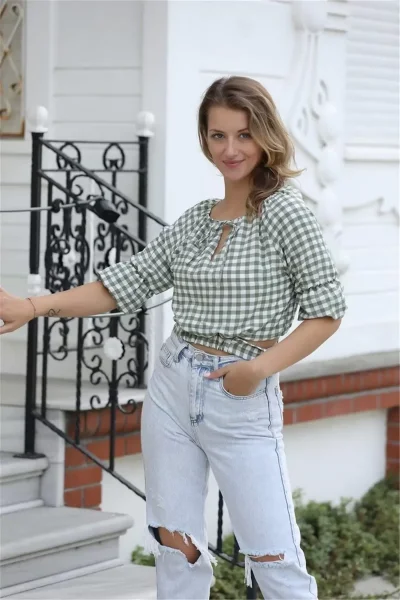 Bağlama Detaylı Crop Bluz 1736 Yeşil