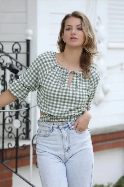 Bağlama Detaylı Crop Bluz 1736 Yeşil