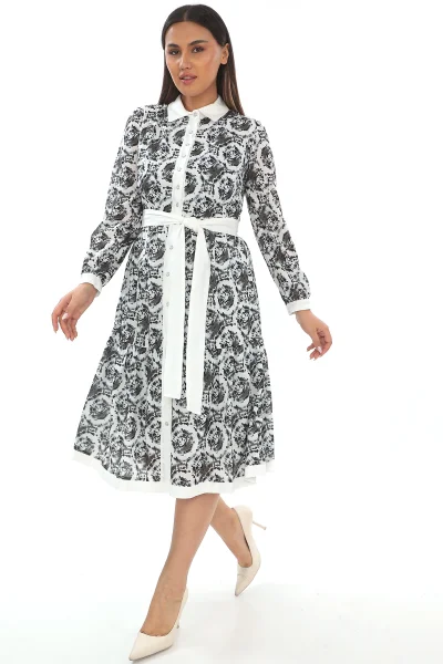 Bağlama Detaylı Gömlek Yaka Büyük Beden Elbise 2214-Siyah