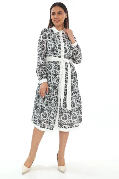 Bağlama Detaylı Gömlek Yaka Büyük Beden Elbise 2214-Siyah