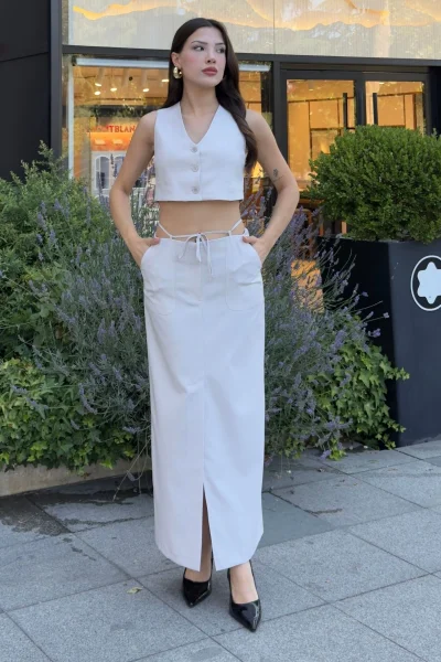 Bağlama Detaylı İkili Takım 46139-Krem