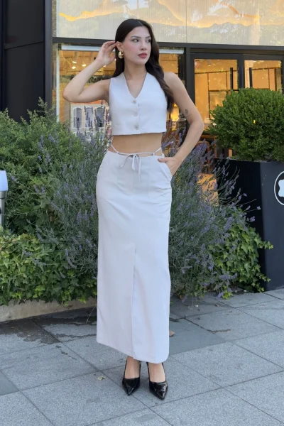 Bağlama Detaylı İkili Takım 46139-Krem