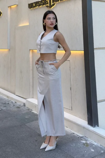 Bağlama Detaylı İkili Takım 46139-Bej