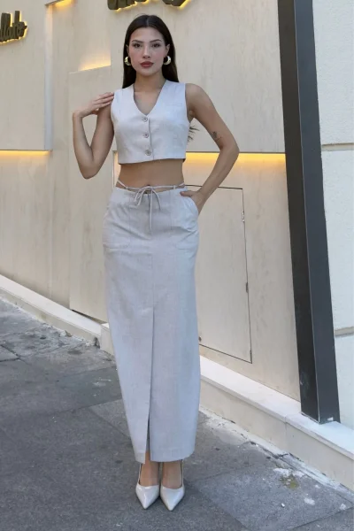 Bağlama Detaylı İkili Takım 46139-Bej