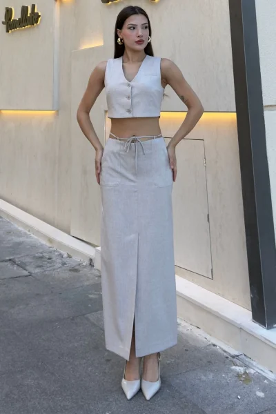 Bağlama Detaylı İkili Takım 46139-Bej