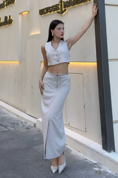 Bağlama Detaylı İkili Takım 46139-Bej