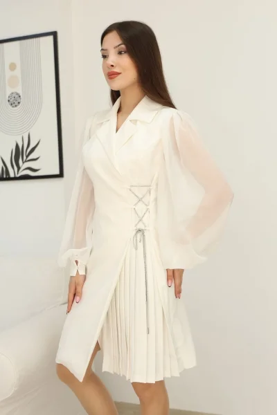 Bağlama Detaylı Piliseli Elbise 2324-Beyaz
