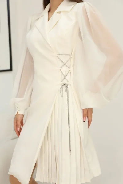 Bağlama Detaylı Piliseli Elbise 2324-Beyaz