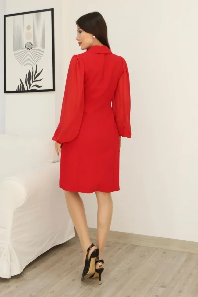 Bağlama Detaylı Piliseli Elbise 2324-Kırmızı