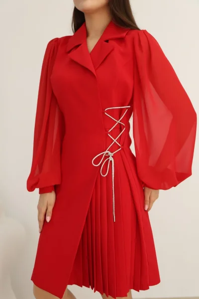 Bağlama Detaylı Piliseli Elbise 2324-Kırmızı