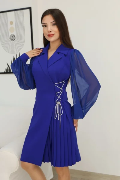 Bağlama Detaylı Piliseli Elbise 2324-Saks