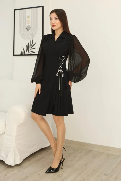 Bağlama Detaylı Piliseli Elbise 2324-Siyah