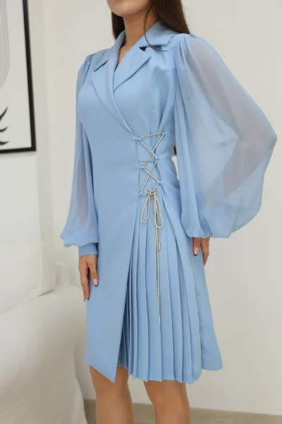 Bağlama Detaylı Piliseli Elbise 2324-Bebe Mavisi