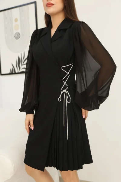Bağlama Detaylı Piliseli Elbise 2324-Siyah