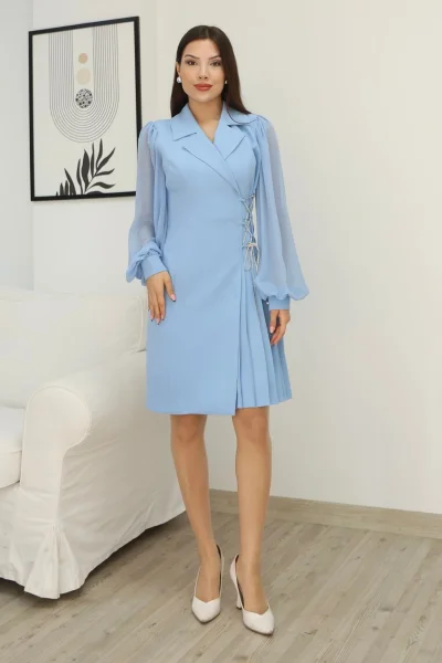 Bağlama Detaylı Piliseli Elbise 2324-Bebe Mavisi