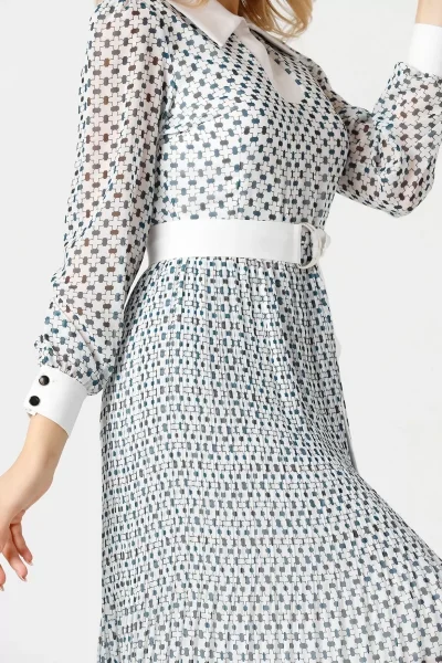 Bağlama Detaylı Pliseli Elbise 1774-Beyaz