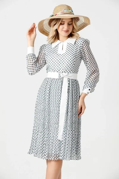 Bağlama Detaylı Pliseli Elbise 1774-Beyaz