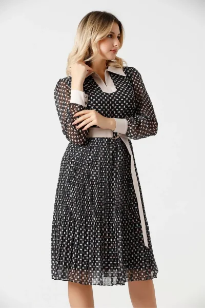 Bağlama Detaylı Pliseli Elbise 1774-Siyah/Bej