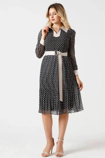 Bağlama Detaylı Pliseli Elbise 1774-Siyah/Bej