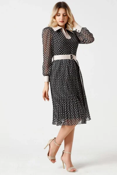 Bağlama Detaylı Pliseli Elbise 1774-Siyah/Bej