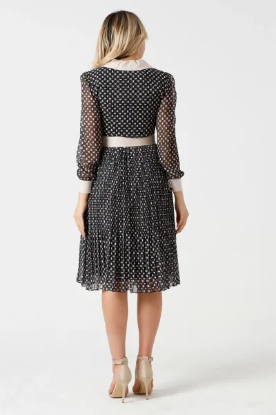 Bağlama Detaylı Pliseli Elbise 1774-Siyah/Bej