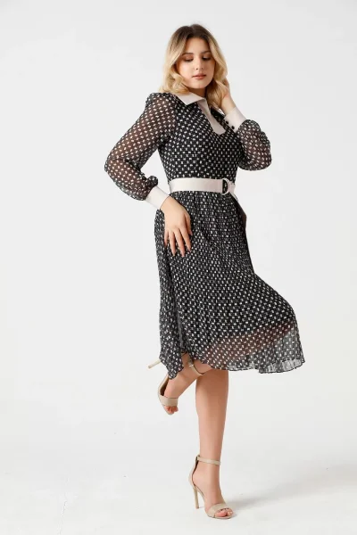 Bağlama Detaylı Pliseli Elbise 1774-Siyah/Bej