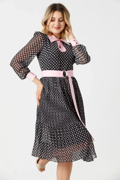 Bağlama Detaylı Pliseli Elbise 1774-Siyah/Pembe