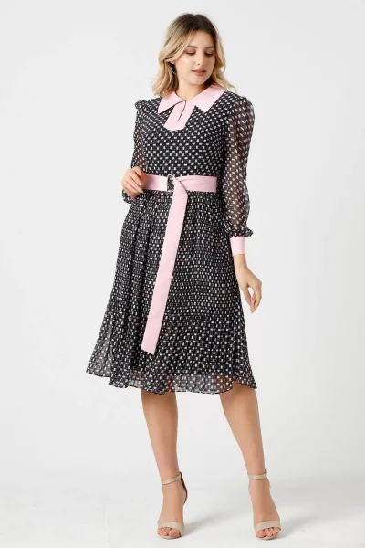Bağlama Detaylı Pliseli Elbise 1774-Siyah/Pembe