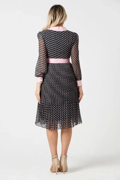 Bağlama Detaylı Pliseli Elbise 1774-Siyah/Pembe
