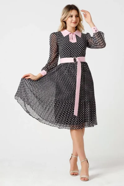 Bağlama Detaylı Pliseli Elbise 1774-Siyah/Pembe