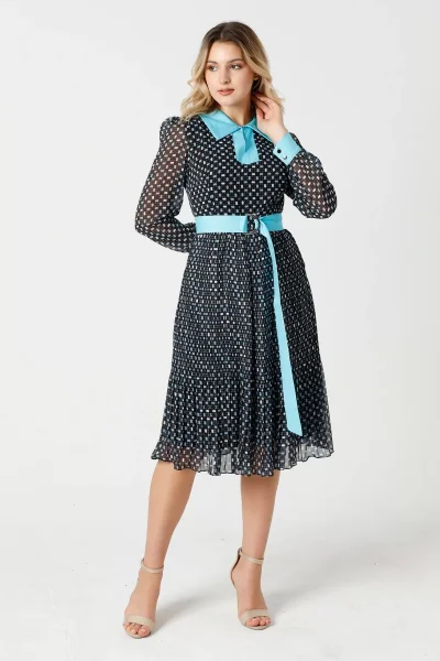 Bağlama Detaylı Pliseli Elbise 1774-Siyah/Turkuaz