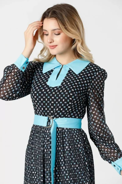 Bağlama Detaylı Pliseli Elbise 1774-Siyah/Turkuaz