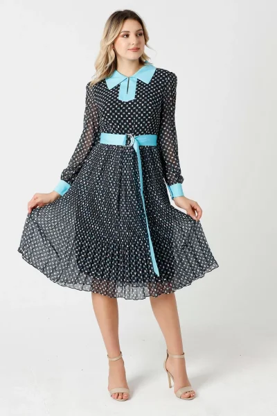 Bağlama Detaylı Pliseli Elbise 1774-Siyah/Turkuaz