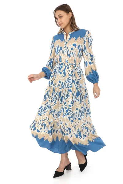 Bağlama Detaylı Viskon Elbise 6002-Bej