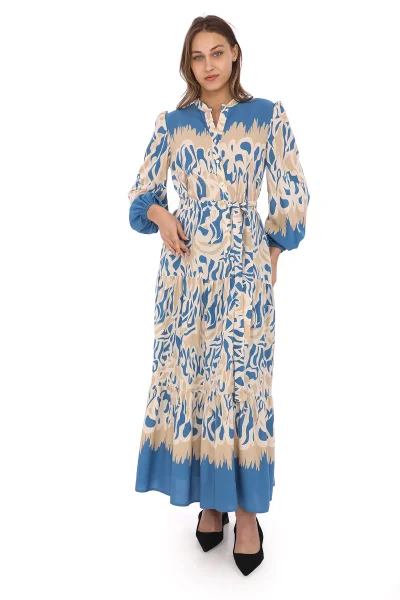 Bağlama Detaylı Viskon Elbise 6002-Bej