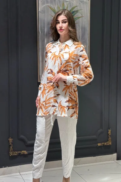 Bağlama ve Broş Detaylı Ayrobin Tunik 108-Turuncu