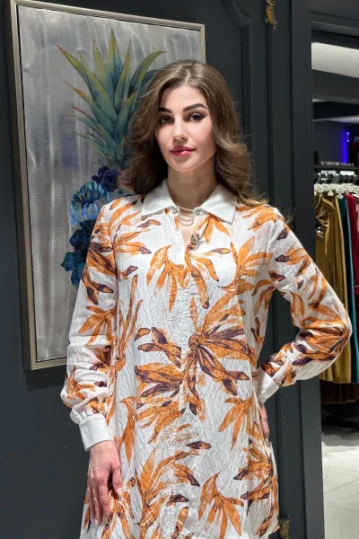 Bağlama ve Broş Detaylı Ayrobin Tunik 108-Turuncu